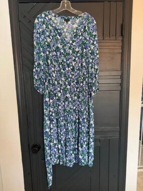 Talbots Blue and Green Floral V-Neck Midi Dress